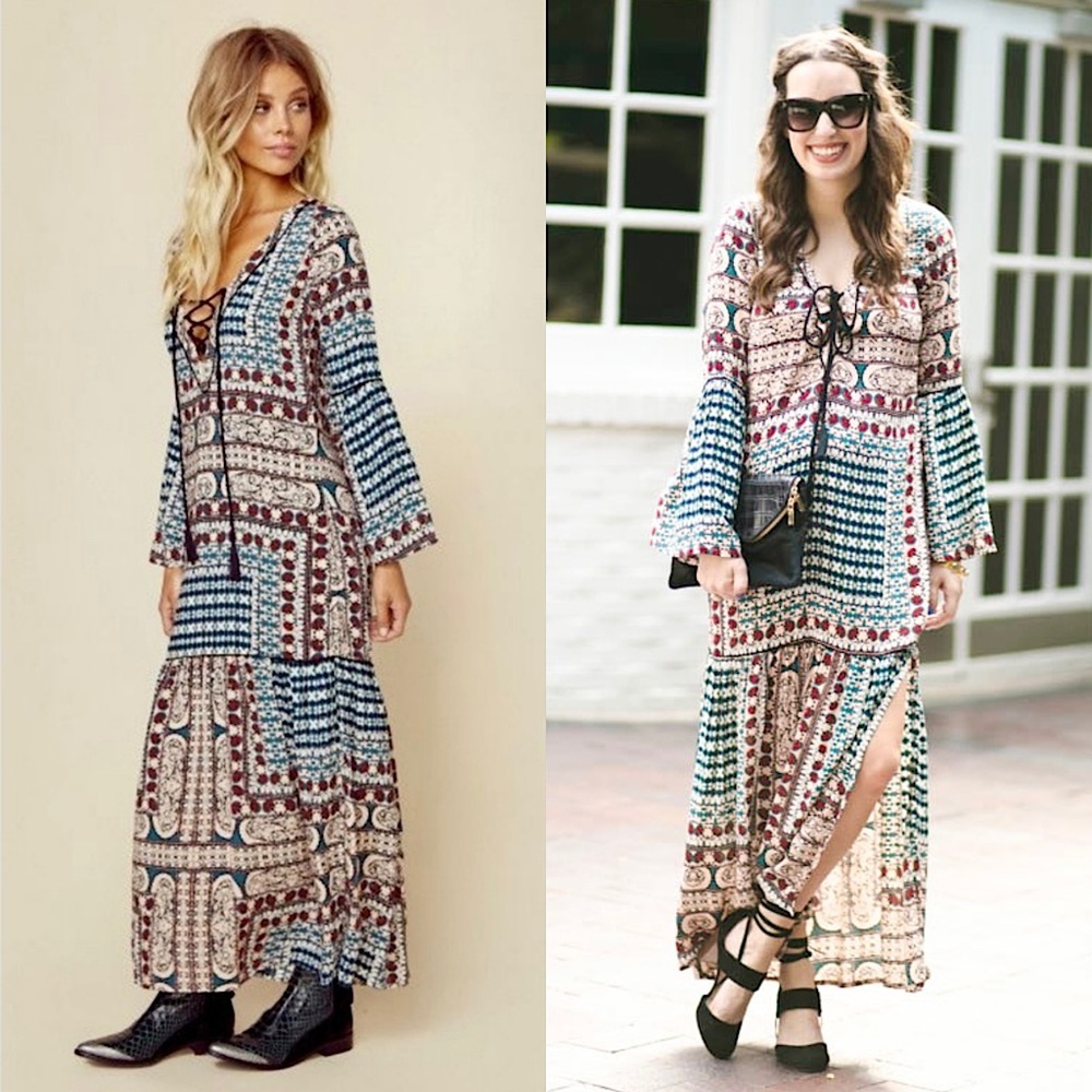 CLEOBELLA Tile Print Lace Up V-Neck Long Bell Sleeve Tier Ruffle Maxi Dress XS - Picture 3 of 8